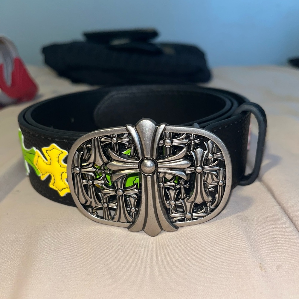 Chrome Hearts Colored Gothic Cross Patches Along Black Belt Silver Gothic Buckle